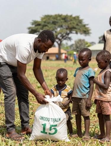 Volunteers distributing school supplies to eager students in a rural classroom.