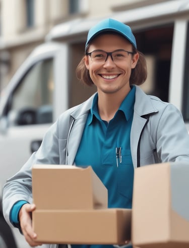 Smiling driver handing over a medical package at a clinical facility doorstep.