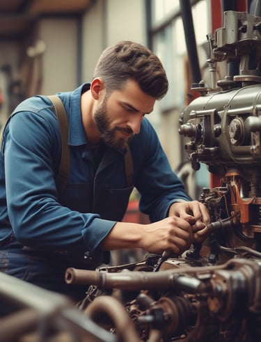 Mechanic repairing agricultural machinery with tools in a well-organized garage.