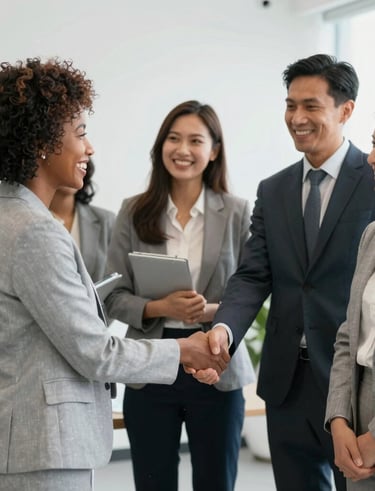 A smiling project manager discussing ideas with a small business owner in a cozy office.