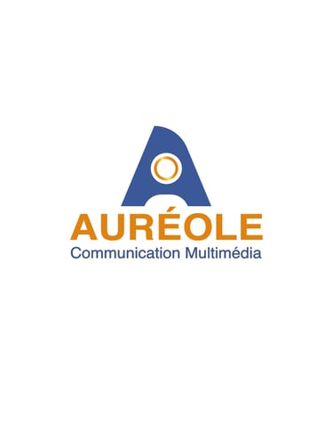 Auréole Communication Multimédia logo featuring a blue stylized A with a golden circle.