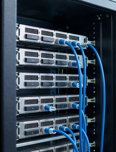 A sleek server room glowing with blue lights representing internet connectivity.