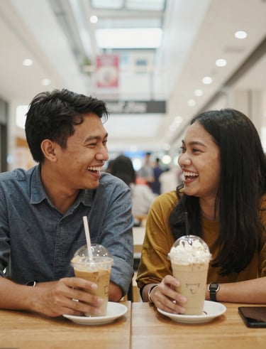 A happy young couple laughing while drinking iced coffee in a bright shopping mall cafe.