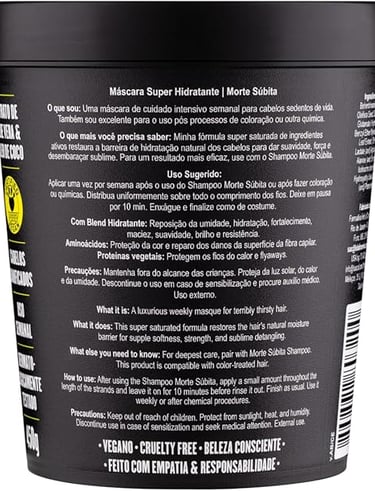 Pote da máscara de hidratação Morte Súbita vista da composição e como usar.