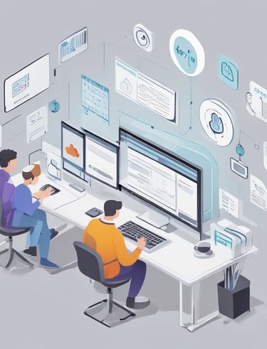 A modern office space with purple and orange accents, showing a meeting in progress.