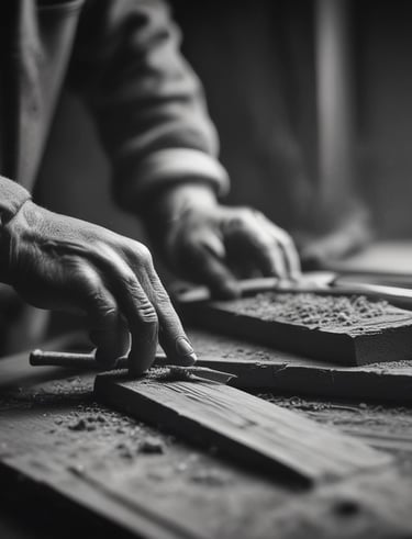 Close-up of hands fitting wood panels, highlighting craftsmanship in carpentry services.