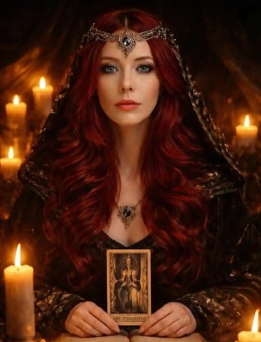 SCG Witchery's high priestess Rainie holding a tarot card amidst glowing candles