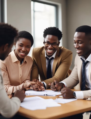 A group of diverse people collaborating and sharing ideas in a cozy meeting room.
