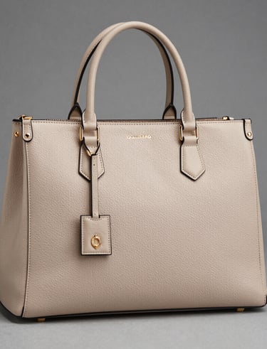 A stylish office bag resting on a wooden desk beside a laptop and notebook.