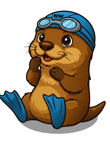 De vrolijke baby otter mascotte van NextWave zwemschool in Liedekerke met zwembril en badmuts.