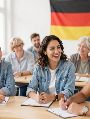 Close-up of a teacher assisting a student during a language test.