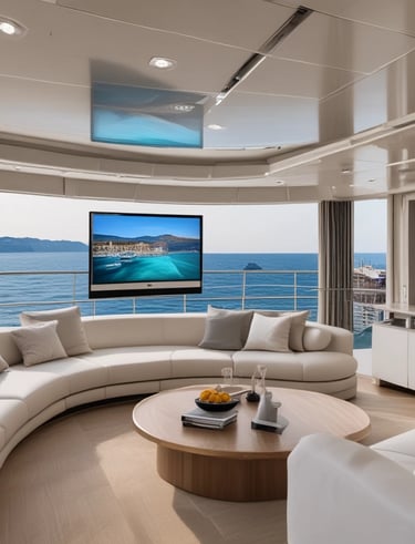 View inside an elegant home setting with a large TV displaying a vivid digital art piece from Monte Carlo Digital Television.