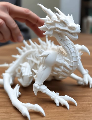 A cozy moment showing hands carefully assembling a small 3D printed model next to crafted puppets.