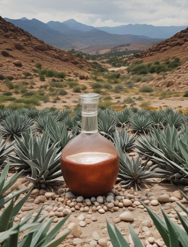 Colorful mezcal bottles lined up against a backdrop of earthy, artisanal colors.