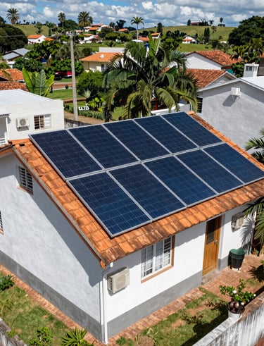 Happy family standing in front of their home with solar panels on the roof.