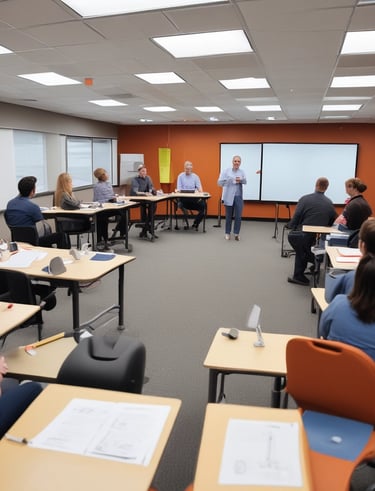 Business professionals collaborating around a conference table with AI strategy documents.