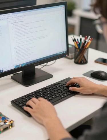 Software developer typing on a keyboard while coding on a computer at a modern workspace.