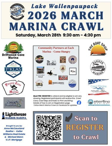 Poster for the Lake Wallenpaupack 2026 March Marina Crawl featuring participating local marinas and food partners.
