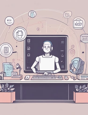 Minimalistic workspace with a sleek computer and automation diagrams on screen.