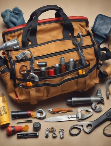 A collection of hand tools arranged on a wooden surface, including a hammer with a black handle, pliers with orange grips, an adjustable wrench, and a screwdriver.