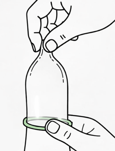 1 hand pinch top of condom one hand pulling condom down