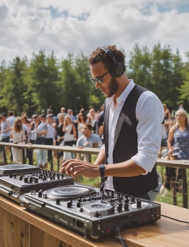 a man in a tan shirt and headphones on a table