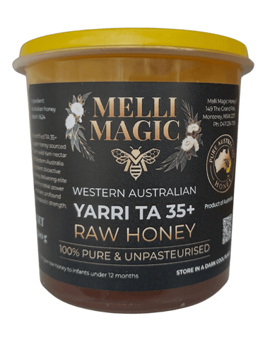 A jar of Melli Magic Western Australian Yarri TA 35+ Raw Honey, 100% pure and unpasteurised.