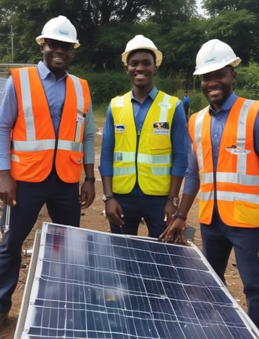 Rows of solar panels are arranged in a diagonal pattern across a green field. The panels are uniformly spaced and cover a large area, emphasizing renewable energy and sustainability.