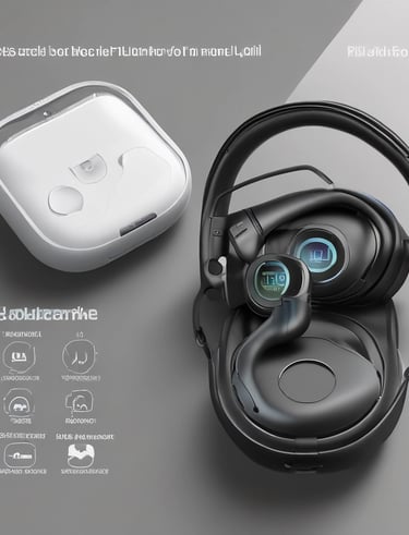 A collection of sleek electronic devices including a smartphone, tablet, stylus, wireless earbuds, and a charging case arranged on a white surface. The minimalist design and modern technology are accentuated by a monochrome color palette.