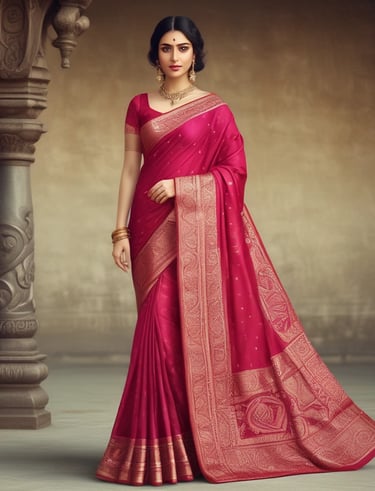 A woman dressed in traditional Indian attire with intricate jewelry, including a pearl headdress and a nose ring. The sari is a combination of rich maroon and vibrant orange with gold embroidery. Her hair is adorned with white flowers, and she displays a warm smile.
