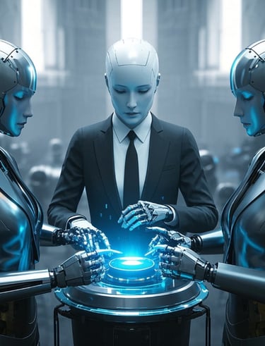 a couple of ai female robots business suits working together 