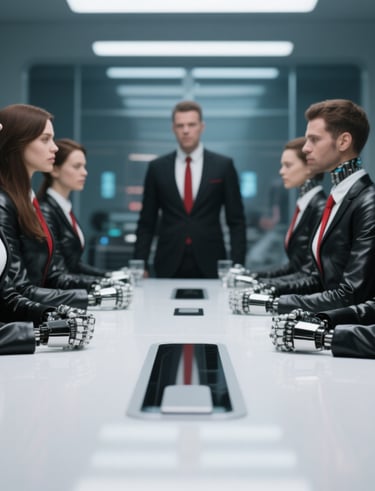 a group of people in suits and ties sitting at a conference table