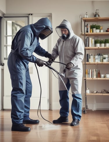 A brightly colored red and black bug with distinctive circular patterns is situated on a light gray surface. Its elongated body and six legs are visible, along with a pair of antennae.