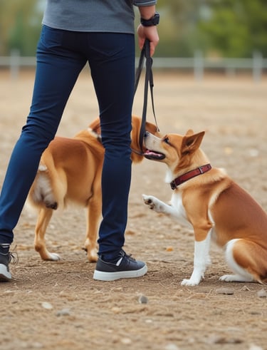 A happy dog with its trainer after a successful training session.