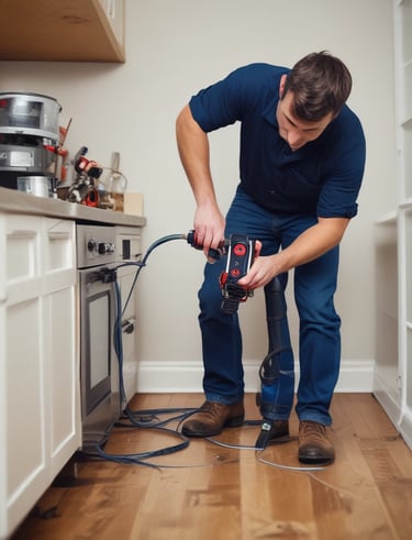 A rusted, old iron pipe system lies on the ground in a dry, rocky area surrounded by scattered stones and some dry branches. The area is sparse with dried grass and a few patches of moss.