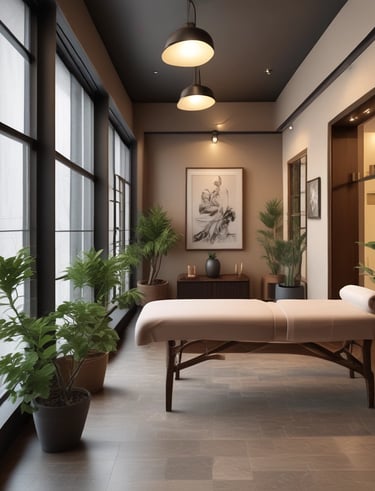 A serene massage room with calming colors and comfortable furnishings.
