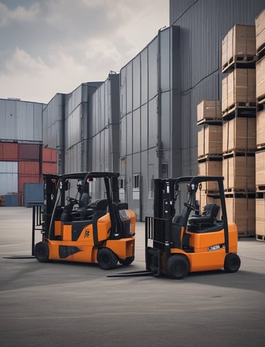 A forklift is parked on a dirt path surrounded by orange traffic cones. In the background, there are several white tents and tall trees with vibrant yellow foliage, indicative of autumn. The ground is covered with fallen leaves, adding to the autumnal atmosphere.