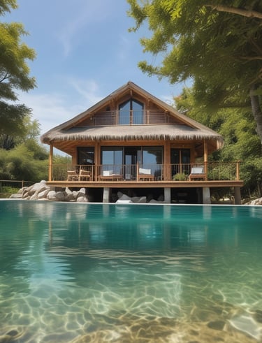 A picturesque view of a coastal area featuring a large, elegant villa perched atop a rocky cliff. The villa is surrounded by lush greenery and overlooks a sparkling body of water. Splashes of water are captured in motion against a clear blue sky. In the foreground, metal railings are visible, possibly indicating a seaside promenade or dock.