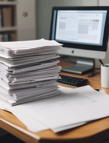 A stack of papers on a desk with a computer in the background