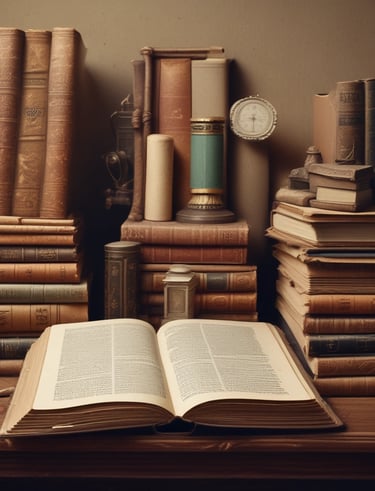 picture of old books with an opened vintage book in the foreground
