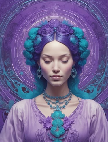 Various wellness and beauty products, including oils in bottles, a bowl of oil, dried flowers, crystals, a smudge stick, and a small dish of cream, are arranged aesthetically on a light surface. The scene is decorated with colorful flowers and herbs.