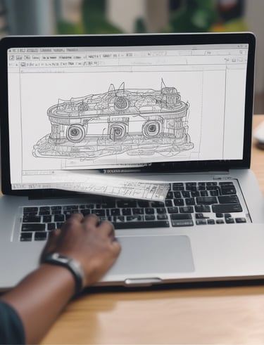 Close-up of a student working on a graphic design project on a laptop with creative materials around.