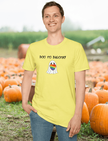 Boo to Bigotry Halloween pride graphic t-shirt with rainbow heart – inclusive fall fashion
