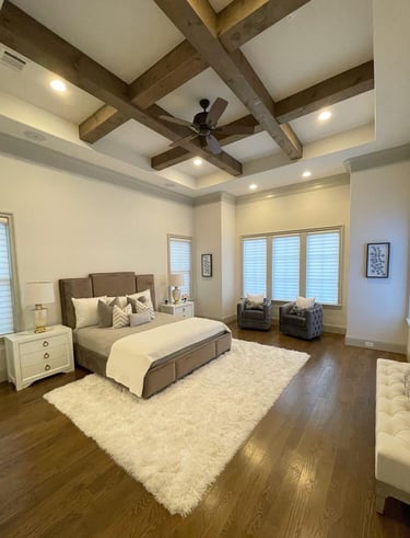 Spotless bedroom with wood ceiling and carpet after deep cleaning in Denver areaby SparkEaseCleaning