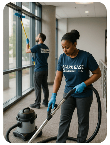 SparkEaseCleaning staff performing detailed window and floor cleaning