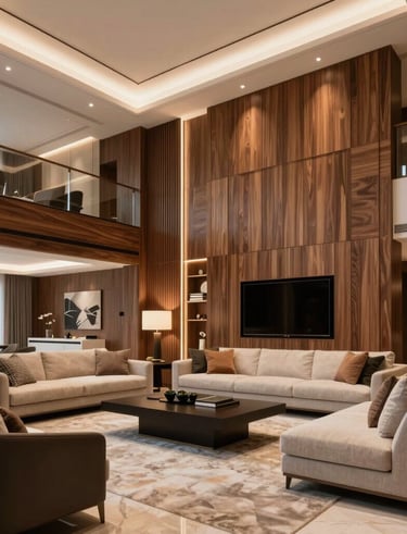 Finished interior space showcasing rich wood cladding with navy and electric blue accents.