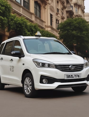 A yellow taxi cab is parked in front of a black SUV, both located near an airport terminal. The taxi displays a phone number and website for Yellow Cab Co. A Hertz rental truck is visible in the background, along with modern architecture and palm trees. The scene is well-lit with a clear blue sky.
