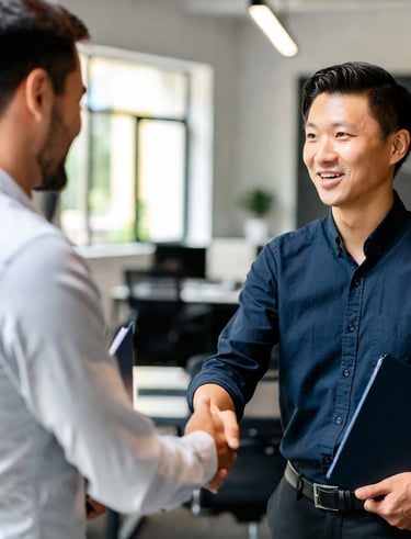 Smiling business professional shaking hands with a colleague in a bright modern office setting.