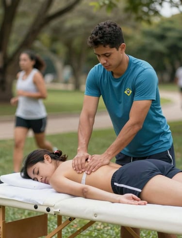 Group of happy employees smiling after a corporate massage session in a bright office space.