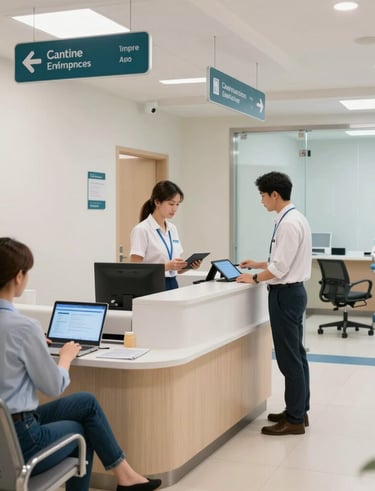 A close-up of hands typing on a keyboard with medical charts and a coffee cup nearby.